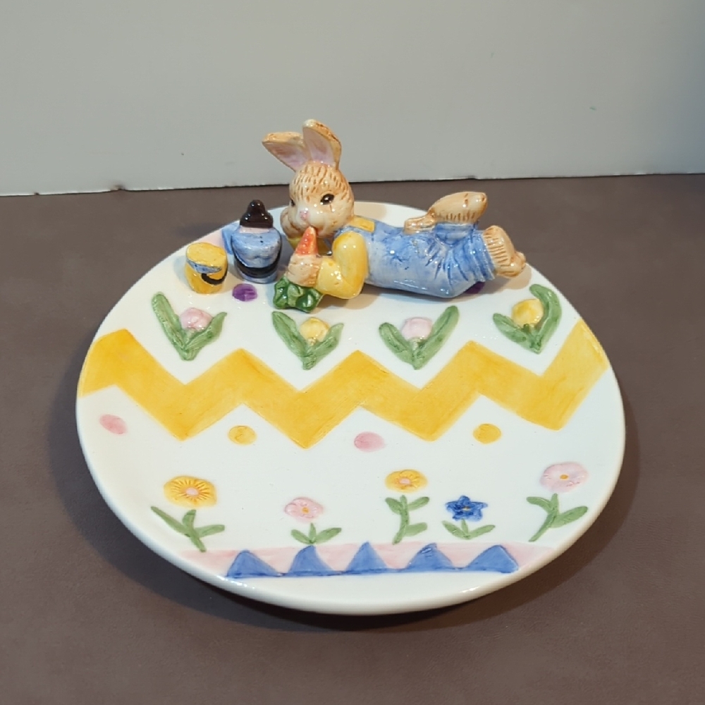 1994 Omnibus By Fitz And Floyd Rabbit Bunny Egg Ceramic Plate Carrot Flowers